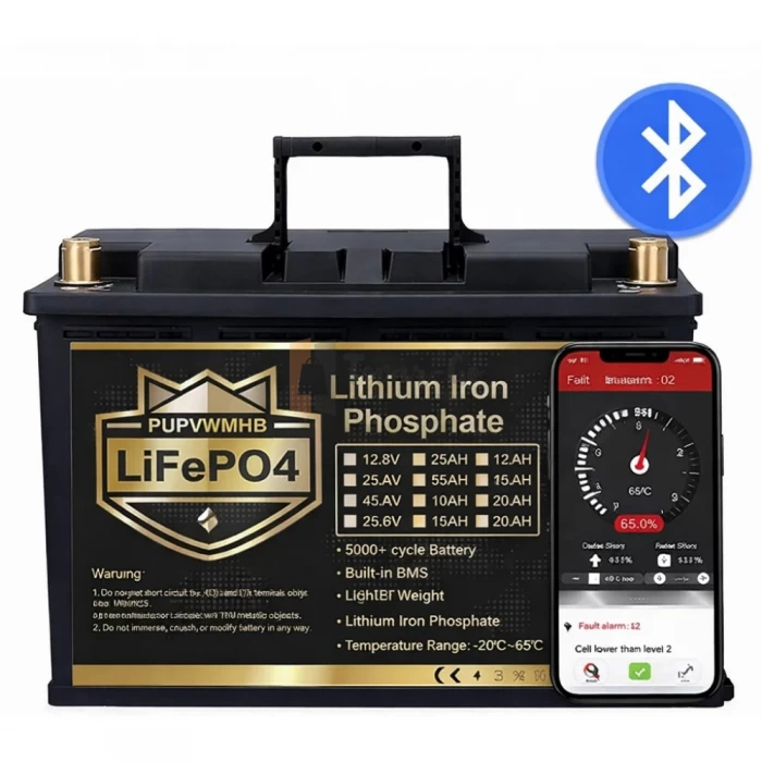 LiFePO4 12V/100Ah Акумулятор PUPVWMHB з Bluetooth, зарядкою, BMS для резервного живлення — фото 2