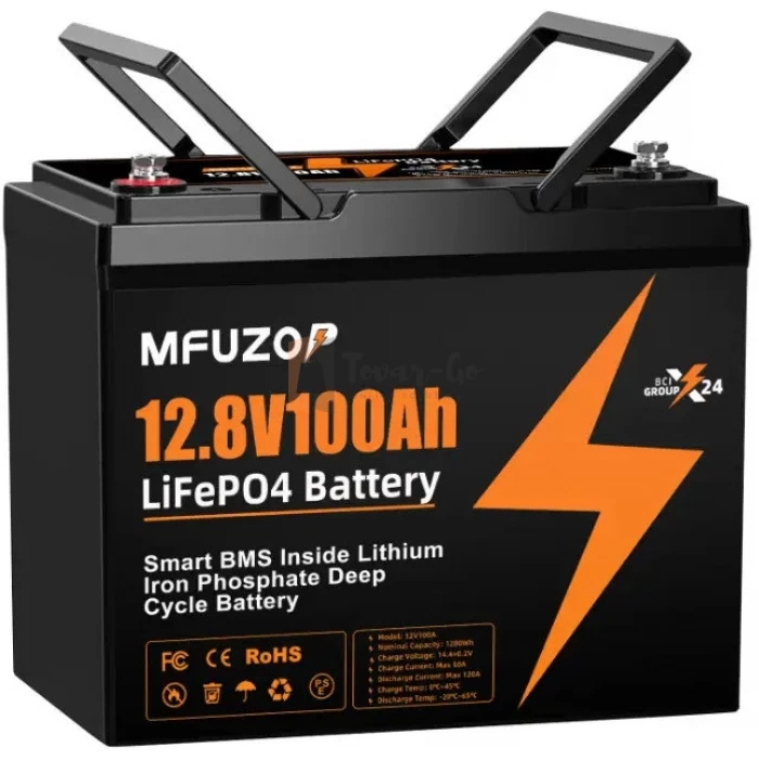 LiFePO4 12V 100Ah Акумулятор Mfuzop 1280Wh, 100A, BMS для ДБЖ з складними ручками — фото 2